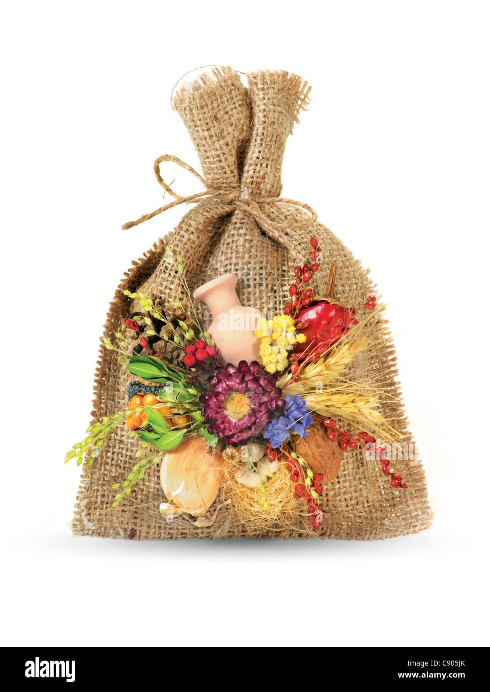 Ukrainian souvenir like cheesecloth bag that made of dried materials and plants Stock Photo