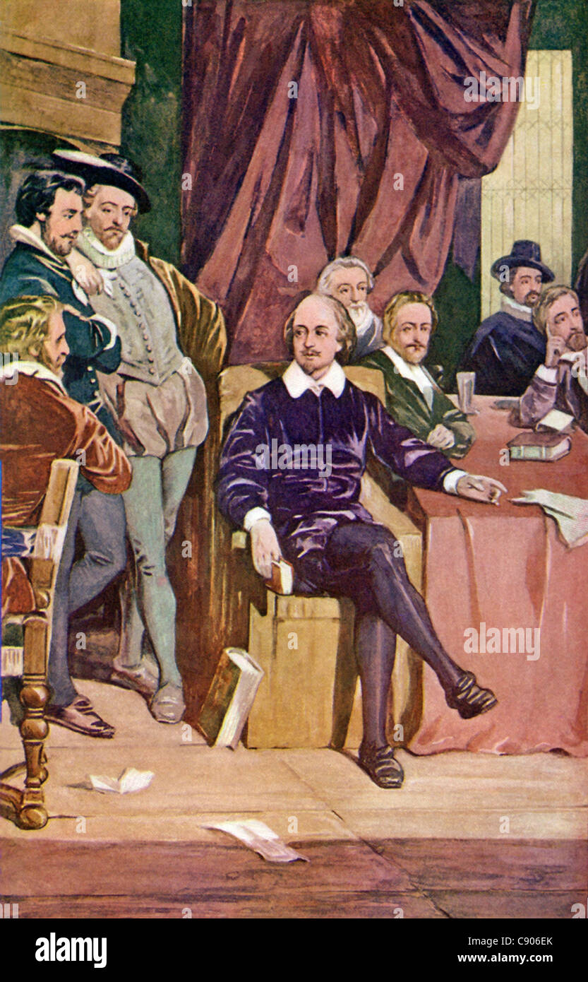 William Shakespeare (1554–1616), one of world's best known playwrights and poets, is shown here with his friends. Stock Photo