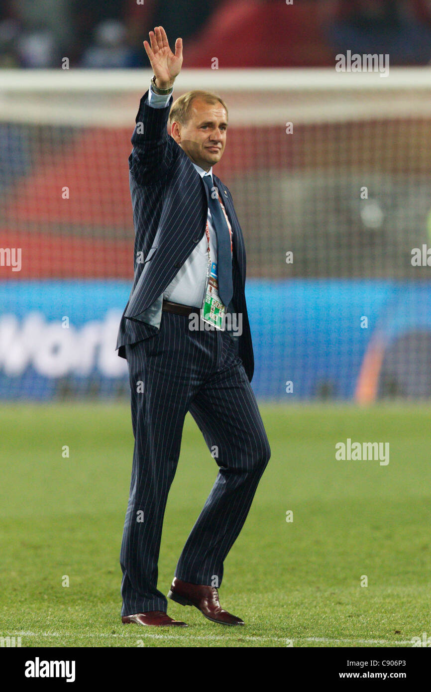 Slovakia head coach Vladimir Weiss waves to supporters after Slovakia defeated Italy in a 2010 FIFA World Cup Group F match. Stock Photo