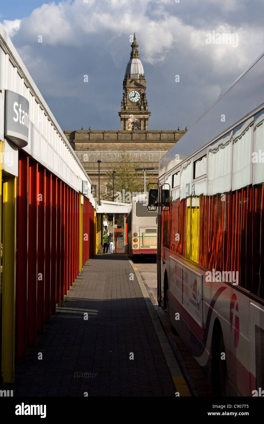 Bus Station and Town Hall beyond, Bolton, Greater Manchester, England, UK Stock Photo