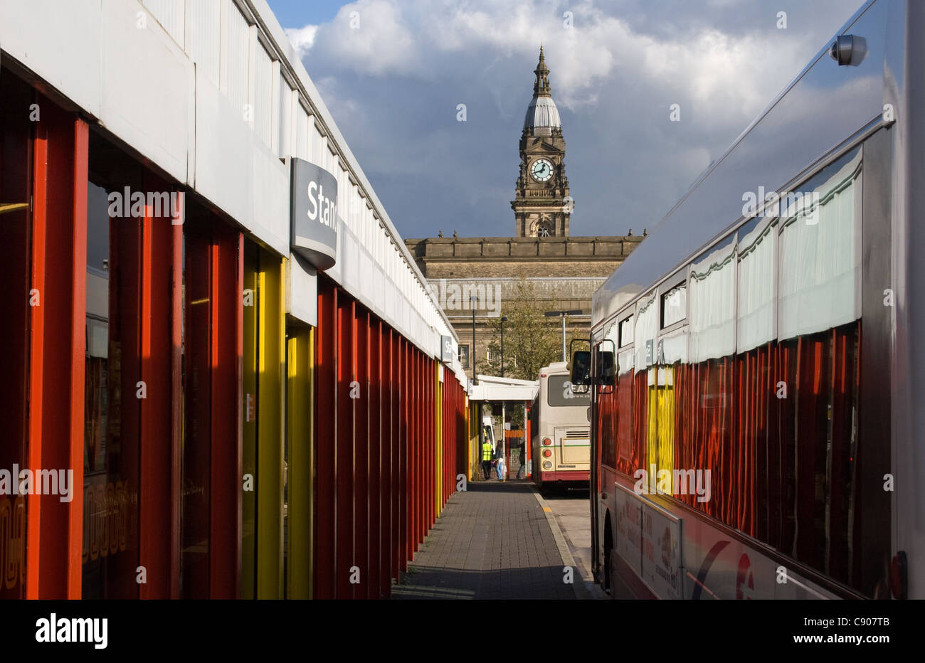 Bus Station and Town Hall beyond, Bolton, Greater Manchester, England, UK Stock Photo