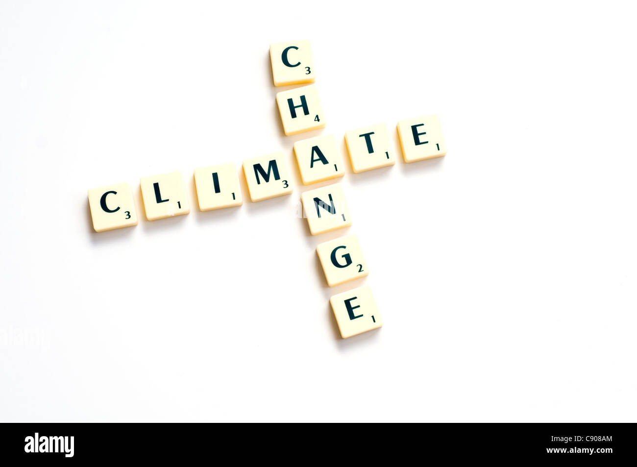 Scrabble tiles spelling out the words climate change on a white background Stock Photo