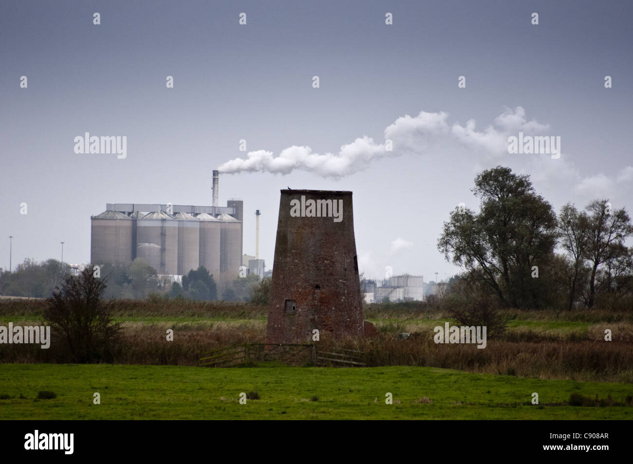 British sugar Cantley Sugar beet factory and chimney across marsh and