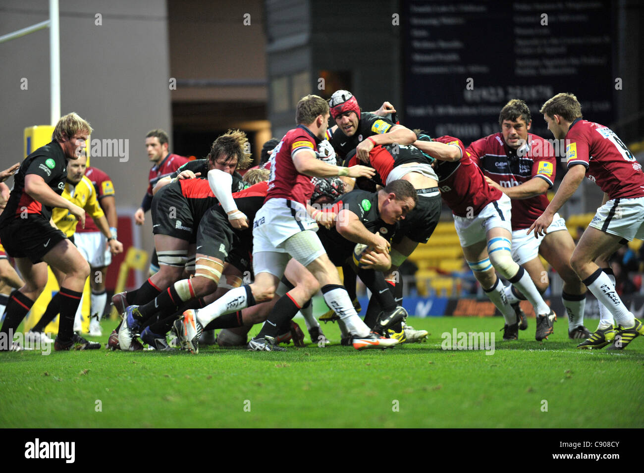 06.11.2011 Watford, England.  Matt Stevens goes over for a try for Saracens during the Aviva Premiership game between Saracens and Sale Sharks. Stock Photo