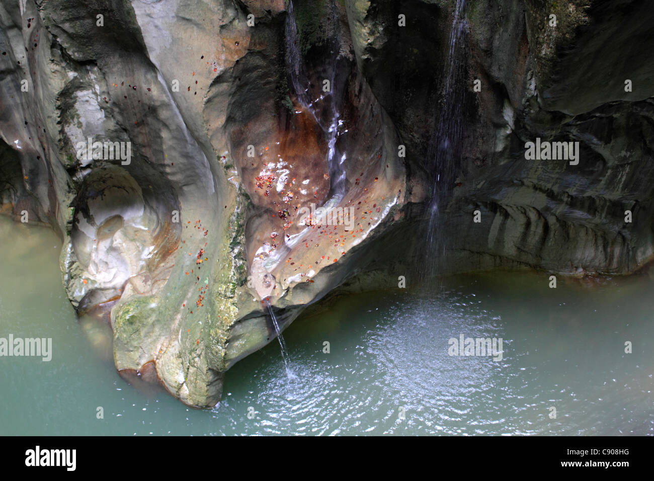 The Devil's Bridge Gorge or Les Gorges du Pont du Diable carved out by the River Dranse, near Evian France. Stock Photo