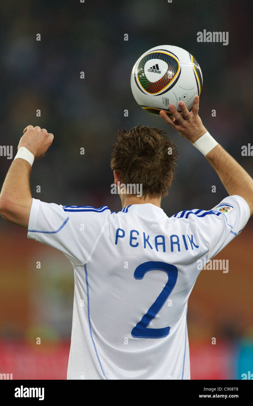 Peter Pekarik of Slovakia prepares a throw in during a 2010 FIFA World Cup Group F match against Italy at Ellis Park Stadium. Stock Photo