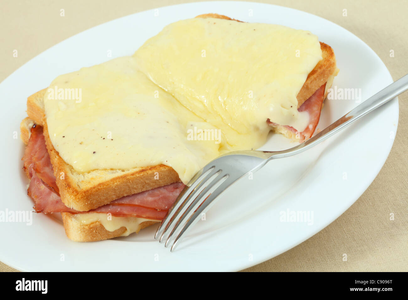 Croque monsieur, a traditional French ham and cheese toastie topped ...