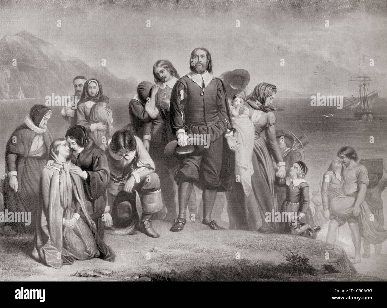 The Landing of the Pilgrim Fathers, Plymouth, Massachusetts, North America on December 21st 1620. Stock Photo