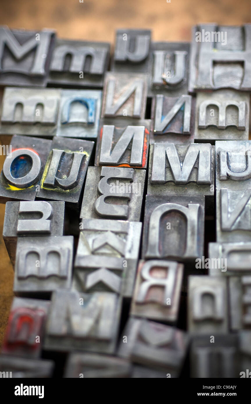 alphabet, antique, arranging, backgrounds, block, characters, cold, dented, dirty, fount, ink, letter, letterform, letterpress, Stock Photo
