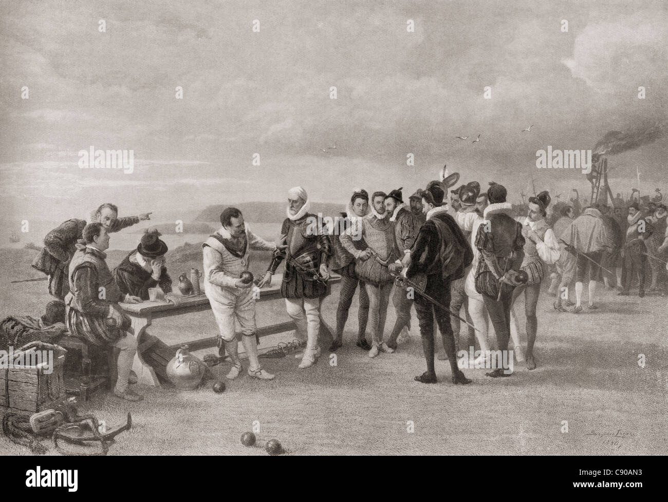 Sir Francis Drake playing bowls, with the Spanish Armada in sight at  Plymouth Hoe, England in 1588 Stock Photo - Alamy