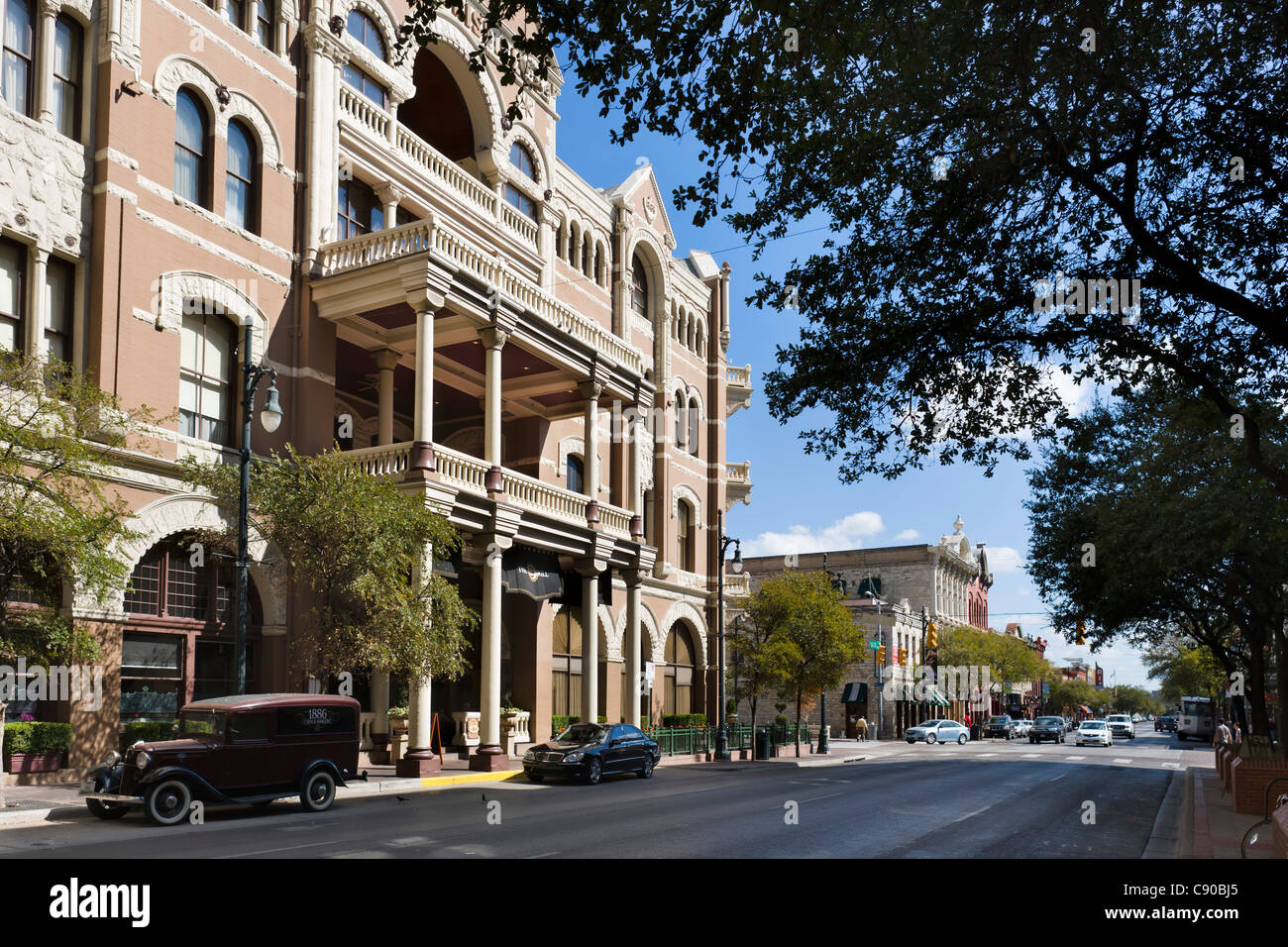 East 6th Street in historic downtown Austin with the Driskill Hotel to