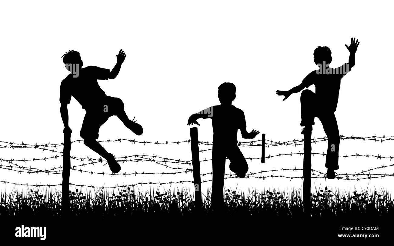 Illustrated silhouettes of three boys jumping over a barbed wire fence