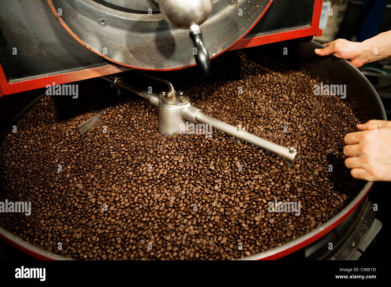 Coffee beans in coffee grinder Stock Photo