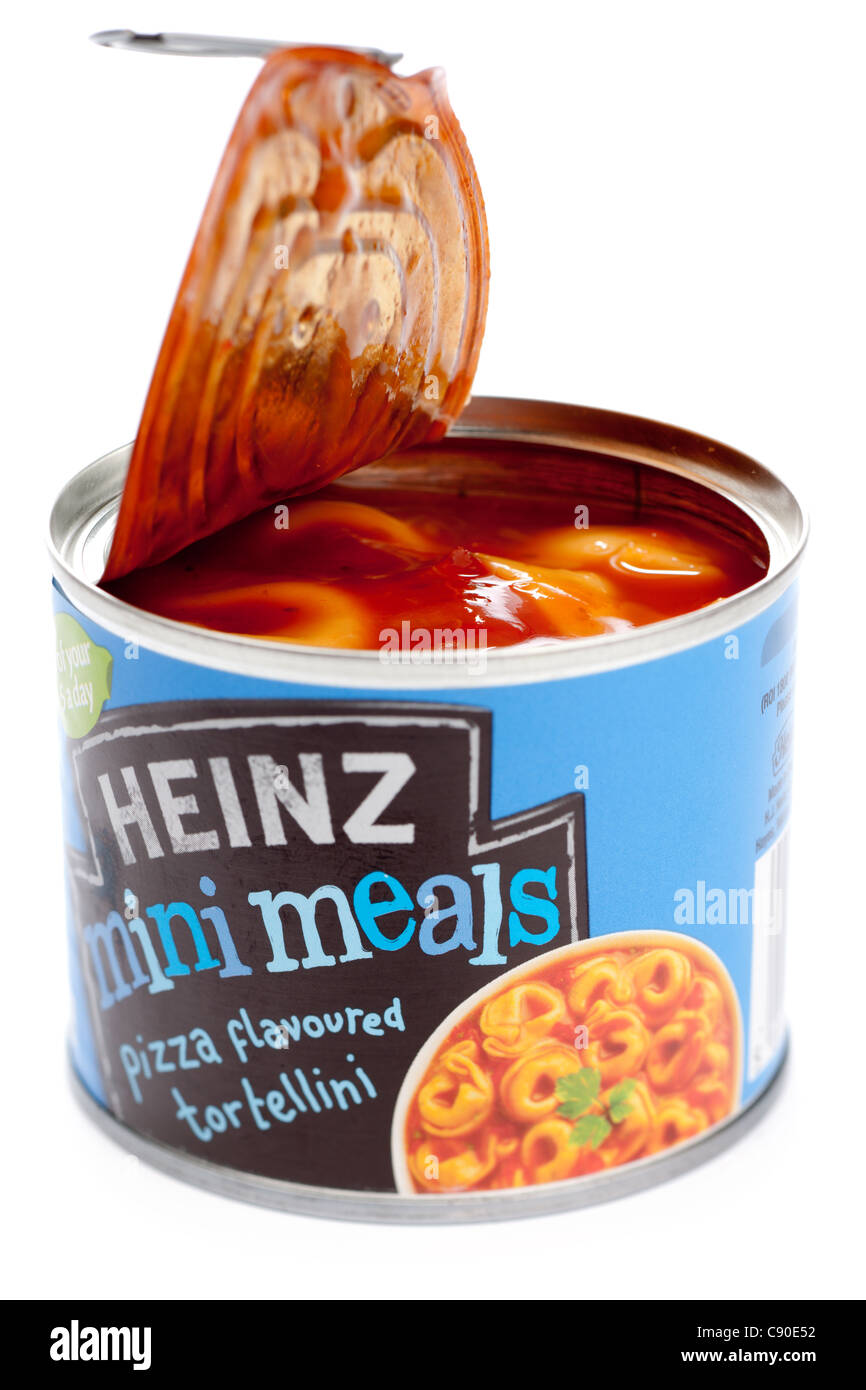 Small opened can of Heinz mini meals pizza flavoured tortellini Stock Photo