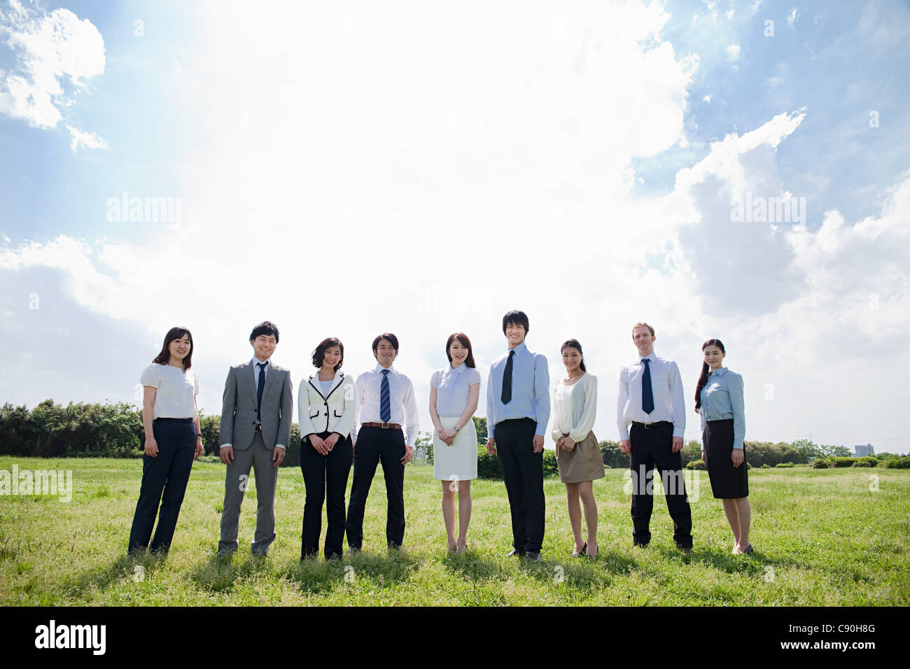 Businesspeople in a row in field Stock Photo - Alamy