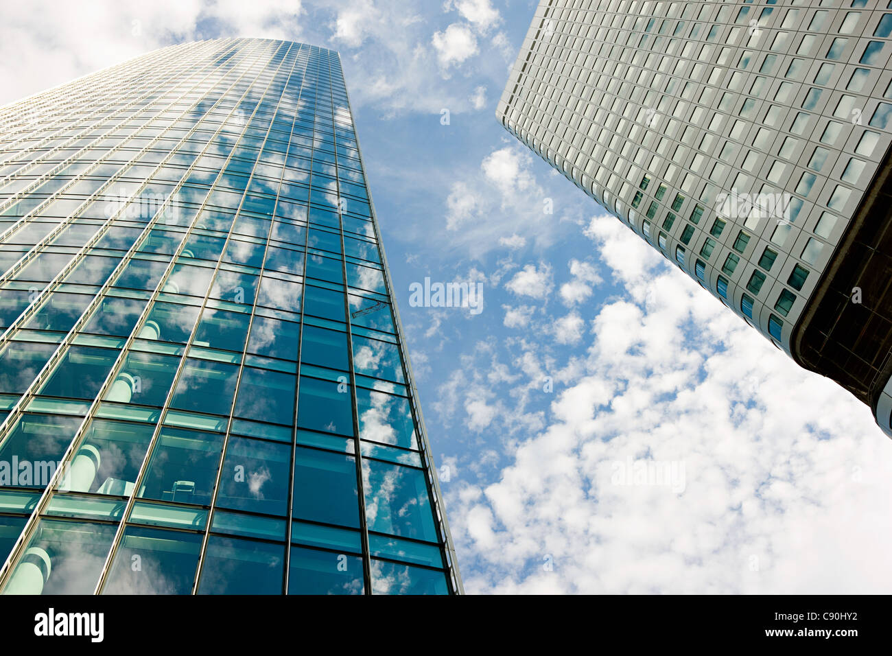 Clouds reflected in modern office buildings, Frankfurt, Germany Stock Photo
