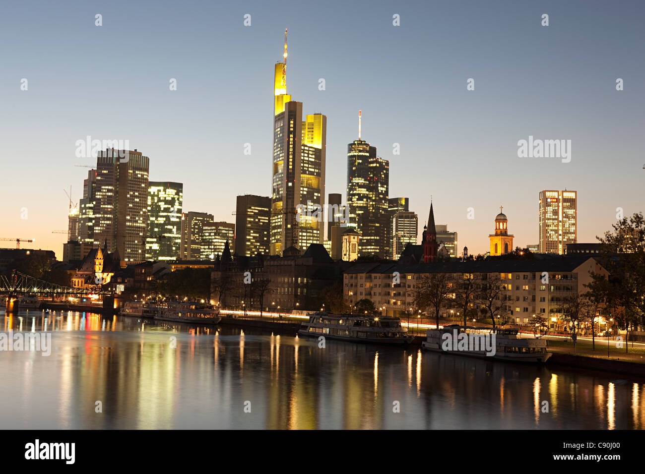 Skyline and Main River at night, Frankfurt, Germnay Stock Photo