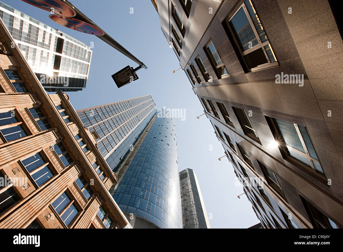 Low angle view of Frankfurt business district, Germany Stock Photo