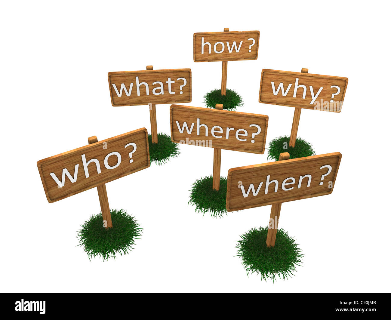 3d rendering, the five Ws concept image, isolated on white background ...