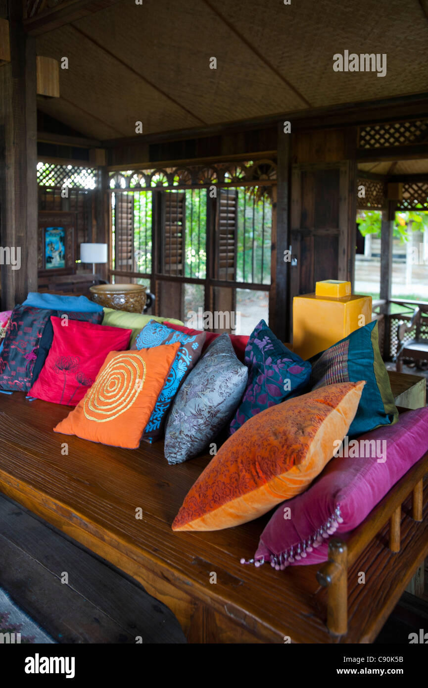 Bench with pillows at Bon Ton Resort, Lankawi Island, Malaysia, Asia Stock Photo