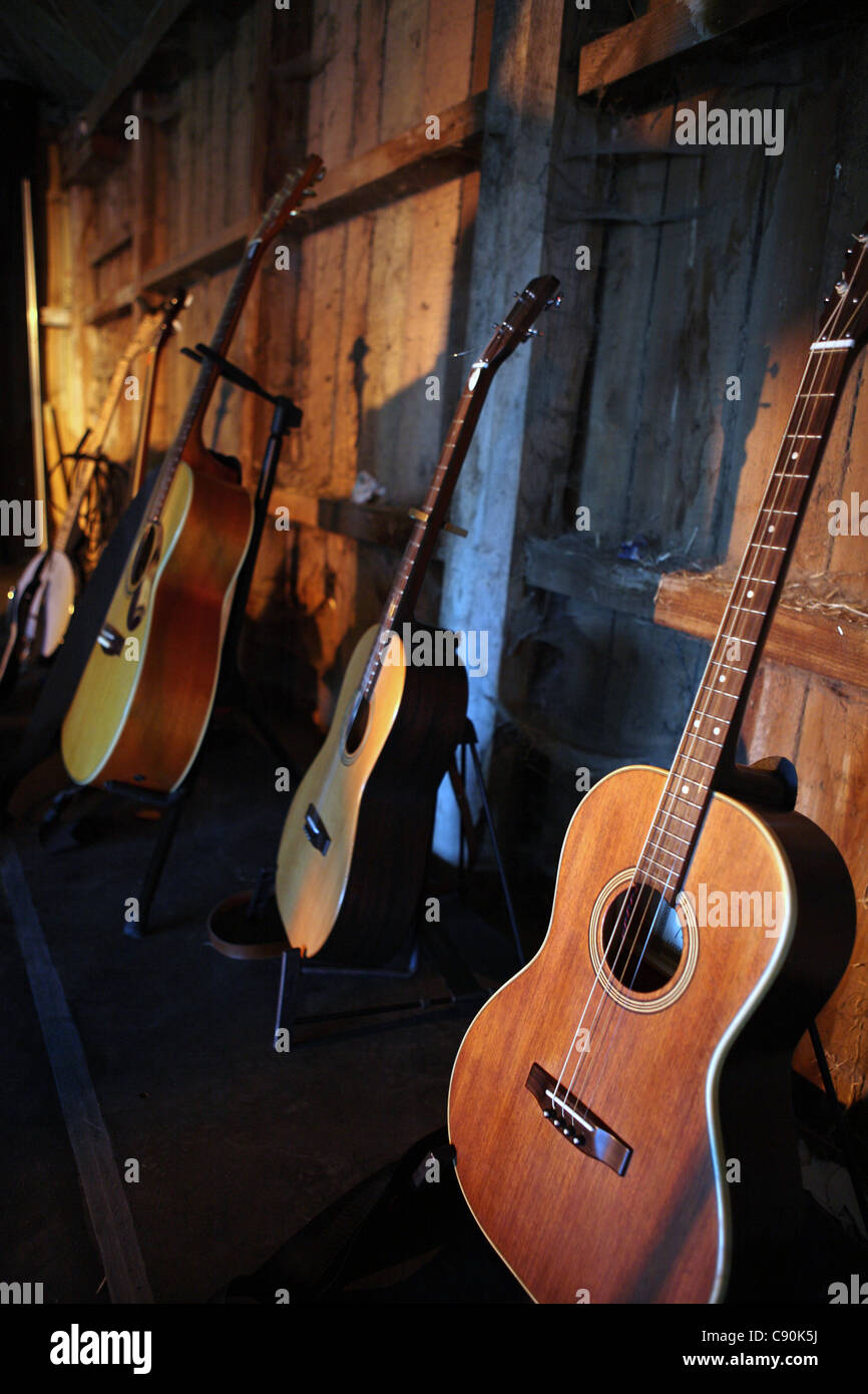 Acoustic guitars backstage at gig, festival, concert, Suffolk, UK Stock Photo