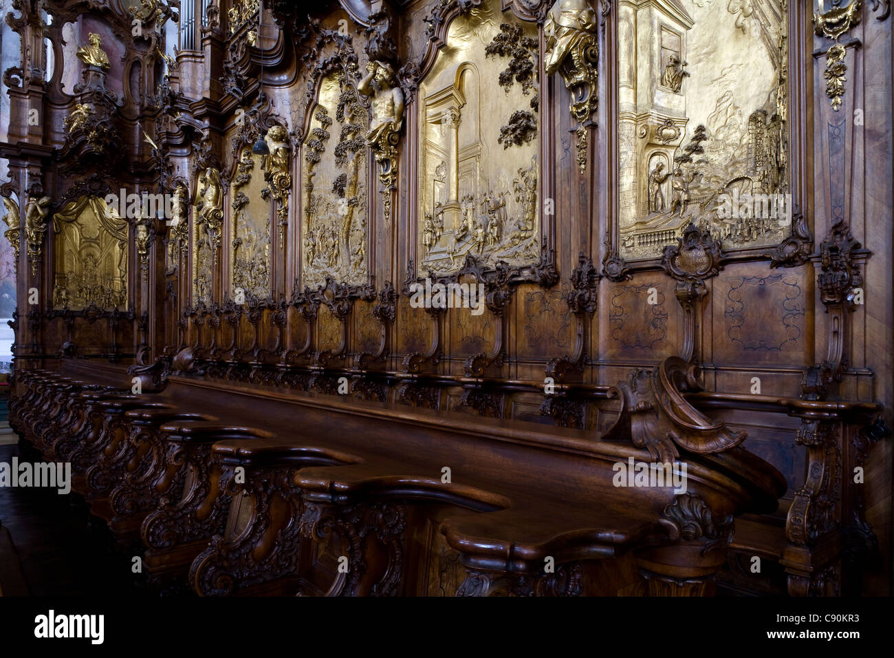 Choir stalls in the Basilica St. Alexander and St. Theodor, Ottobeuren Abbey, Ottobeuren, Bavaria, Germany, Europe Stock Photo