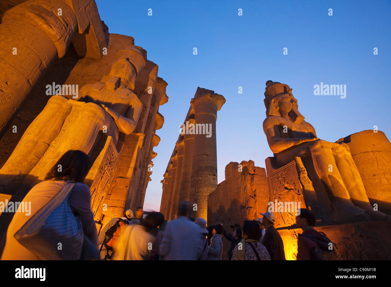 Great court of Ramesses II in the evening light, Luxor Temple, Luxor, Egypt, Africa Stock Photo