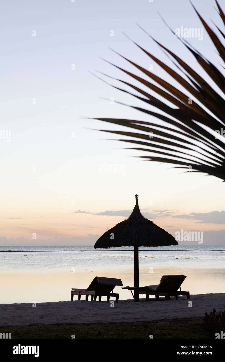 Deserted beach of the Shanti Maurice Resort at sunset, Souillac, Mauritius, Africa Stock Photo