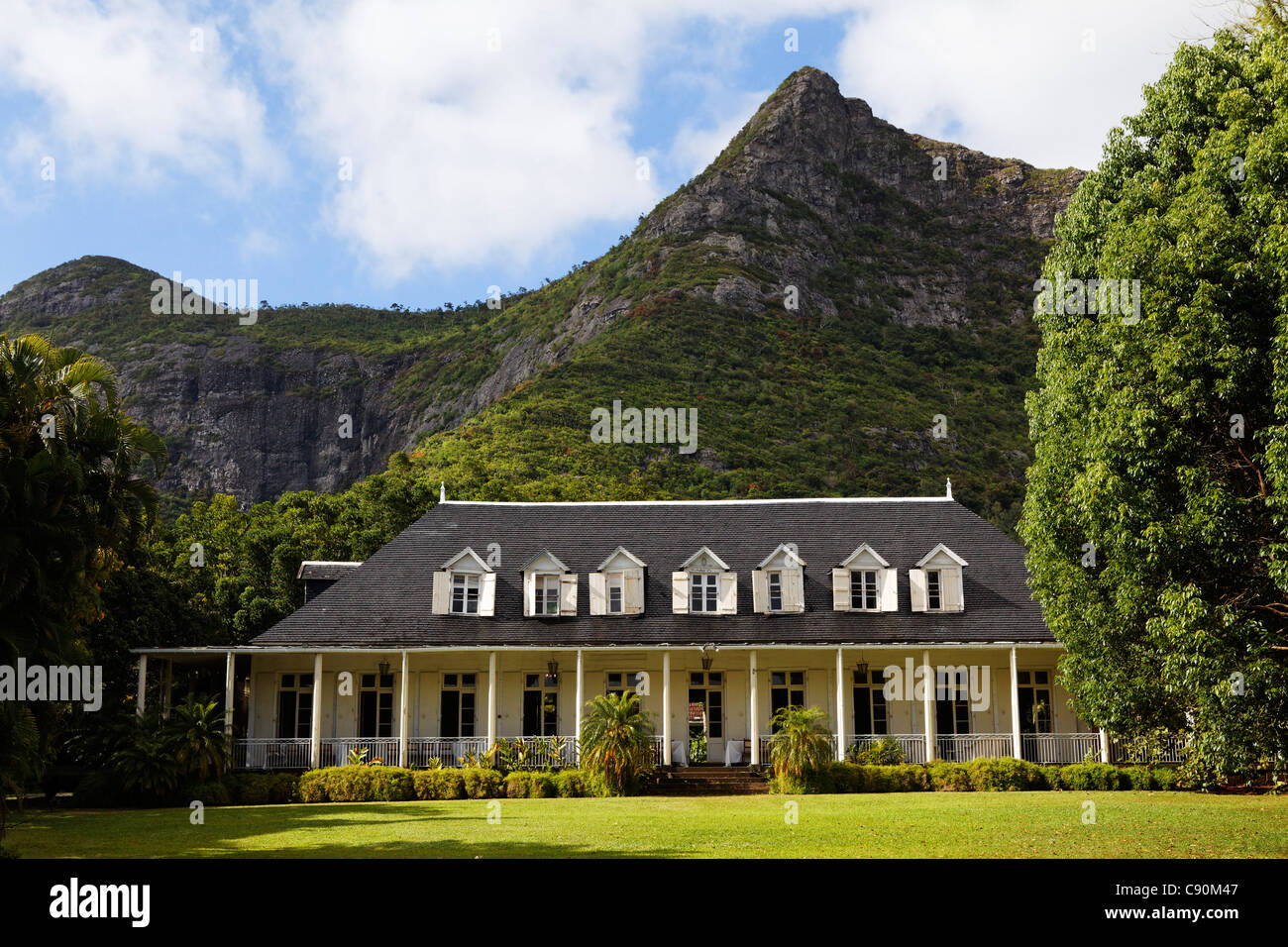 Colonial creole villa Eureka under clouded sky, Moka, Mauritius, Africa