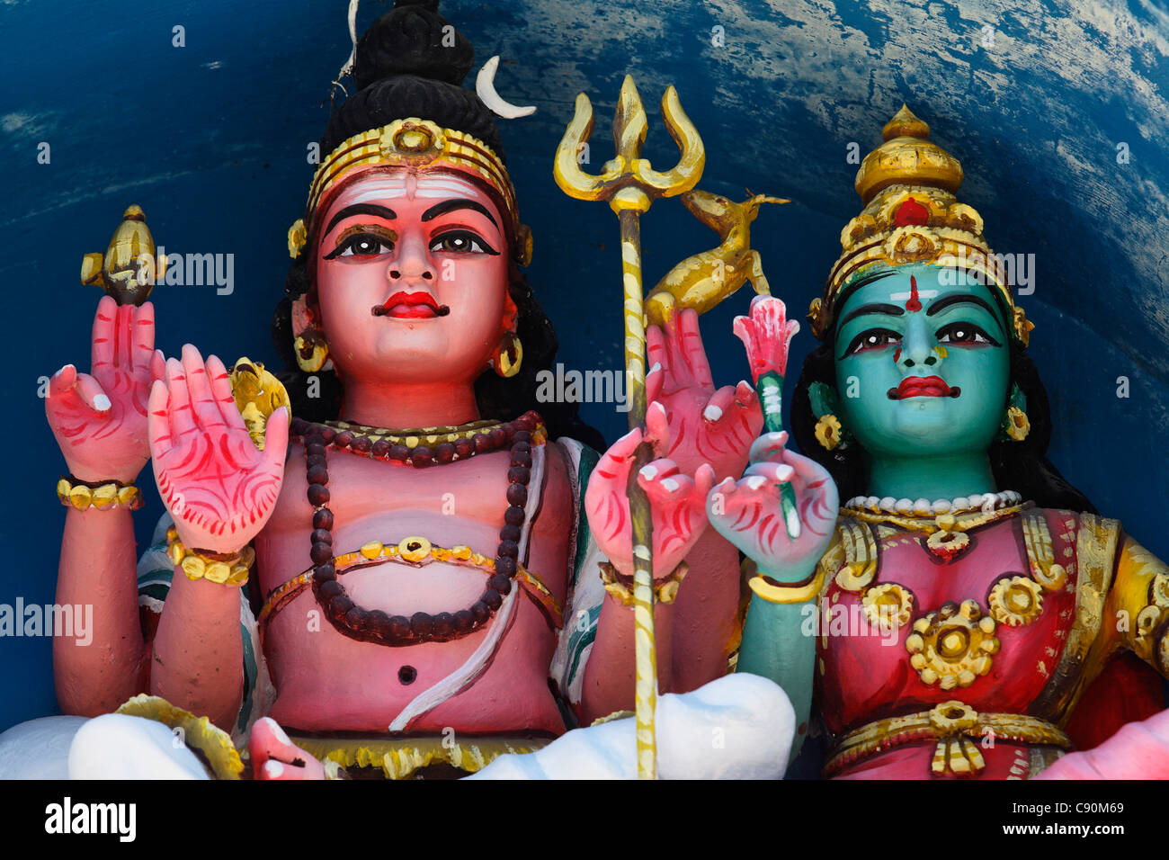 Statues at an indian temple at Pereybere, Mauritius, Africa Stock Photo