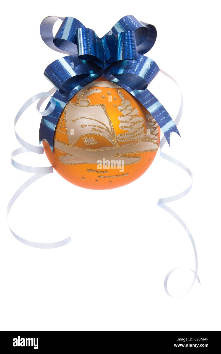 yellow christmas bauble with ribbons and bow Stock Photo