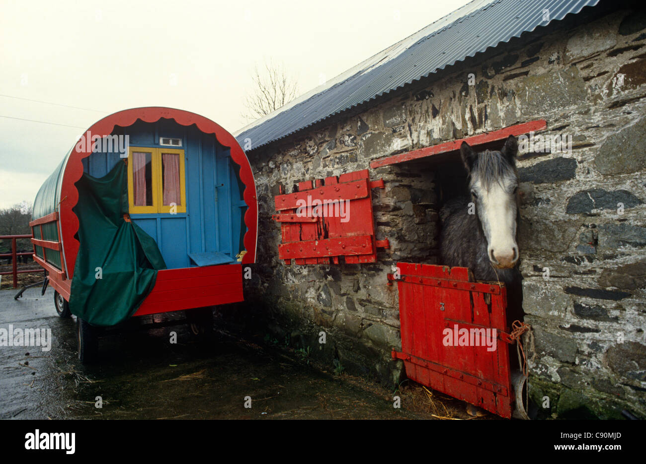 Horse drawn caravans are used in Ireland as traditional means of transport and for living accommodation. They are also rented Stock Photo