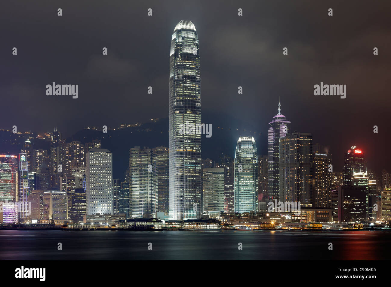 Hong Kong Skyline with Two International Finance Center at night, Hong Kong, China Stock Photo