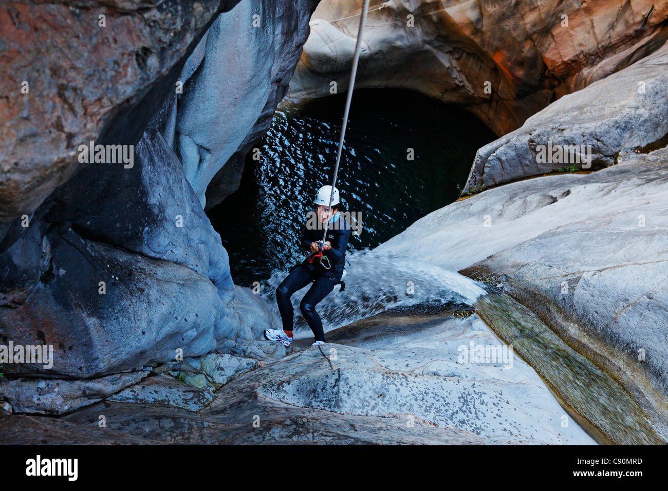 People canyoning at Canyon du Fleur Jaune bei Cilaos, La Reunion, Indian Ocean Stock Photo