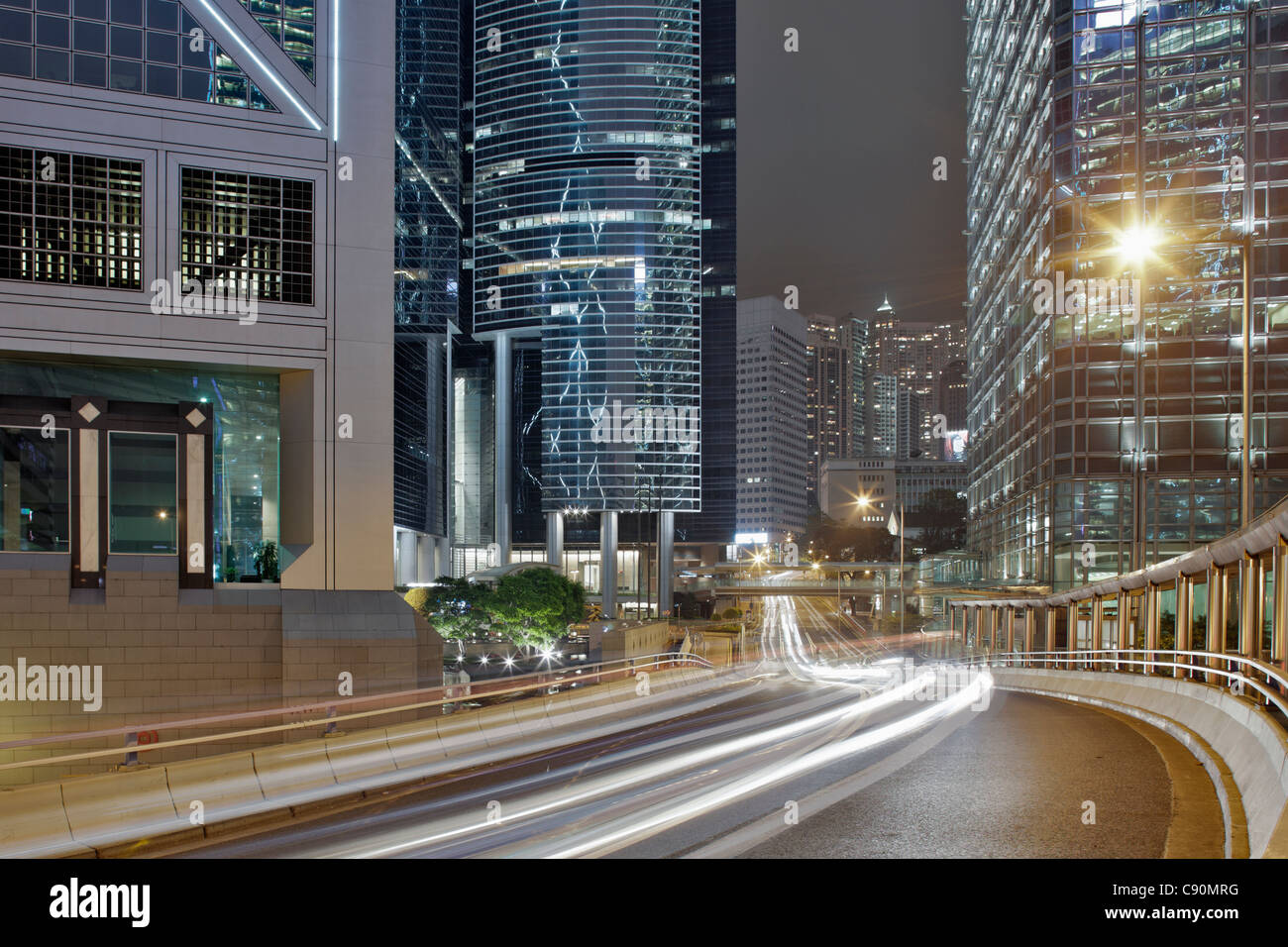 Garden Road at night with Citibank Plaza, Cheung Kong Center, Bank of China Tower, Hong Kong, China Stock Photo