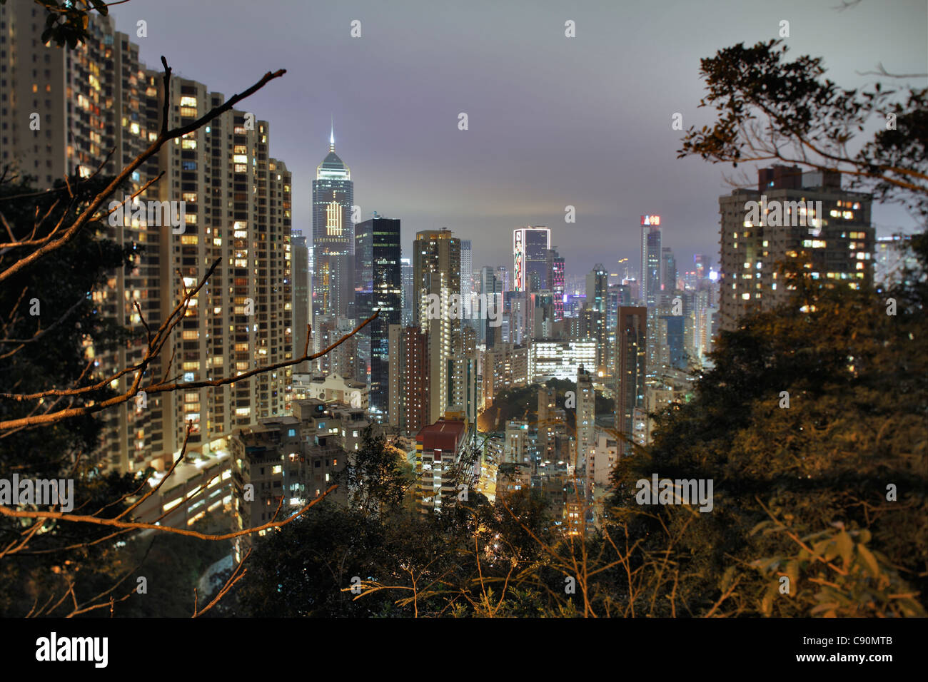 Hong kong Skyline and Wan Chai at night, Bamboo Grove (l), Grandview Tower (r), Hong Kong, China Stock Photo