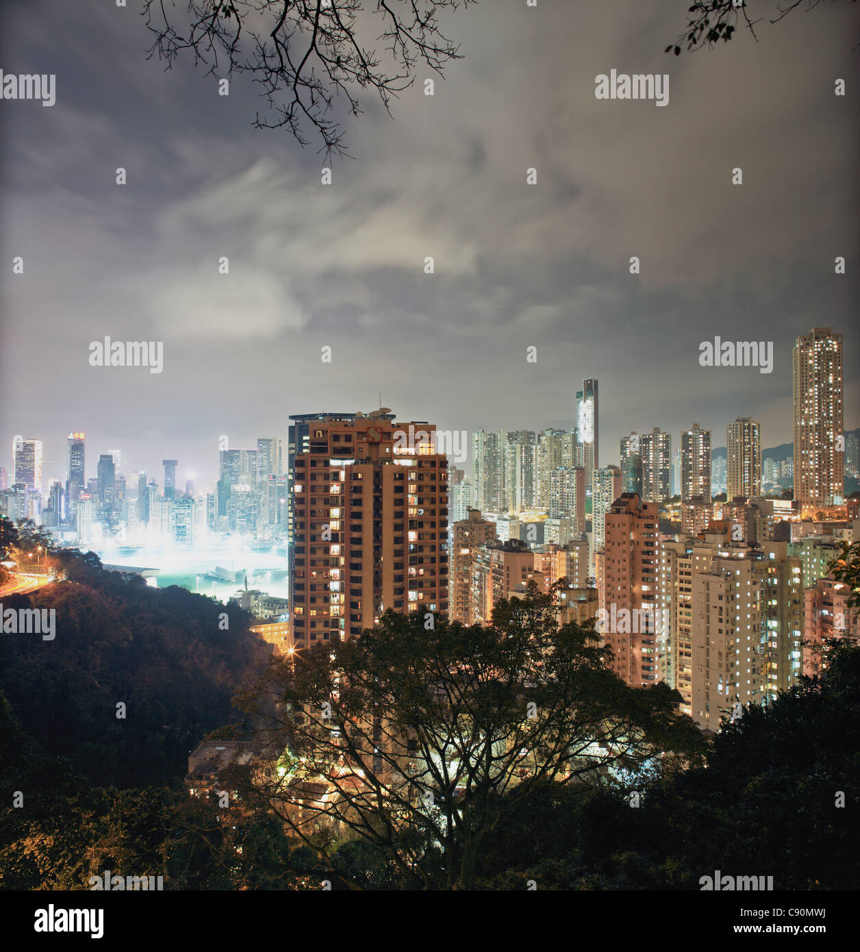 Hongkong Skyline, Happy Valley and Wan Chai at night, Hong Kong, China Stock Photo