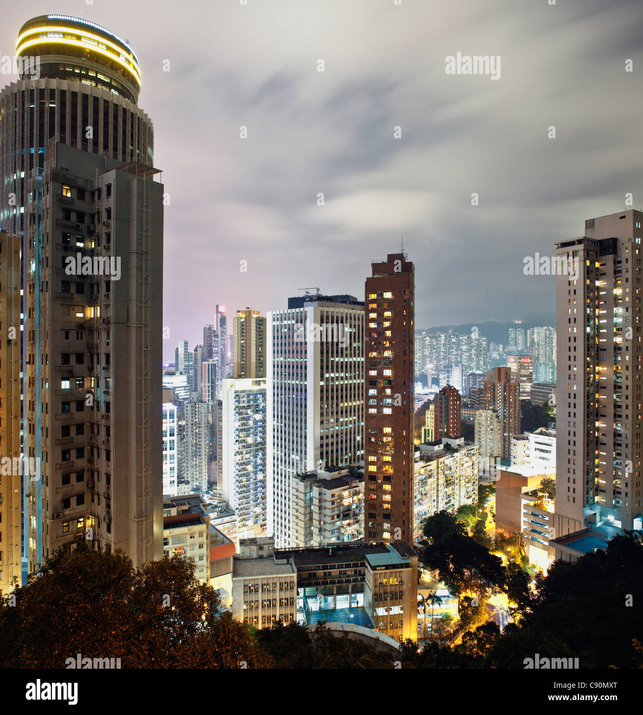 Hongkong Skyline, Hopewell Centre (l), Wu Chung House (c) and Wan Chai at night, Hong Kong, China Stock Photo