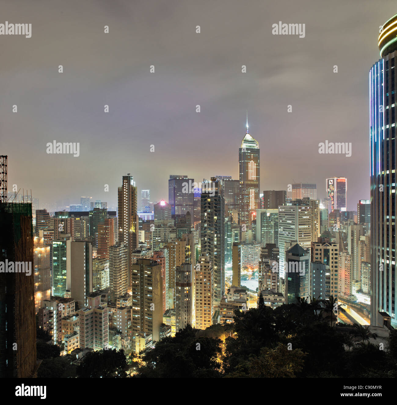 Hongkong Skyline and Wan Chai at night, Central Plaza (c), Hong Kong, China Stock Photo