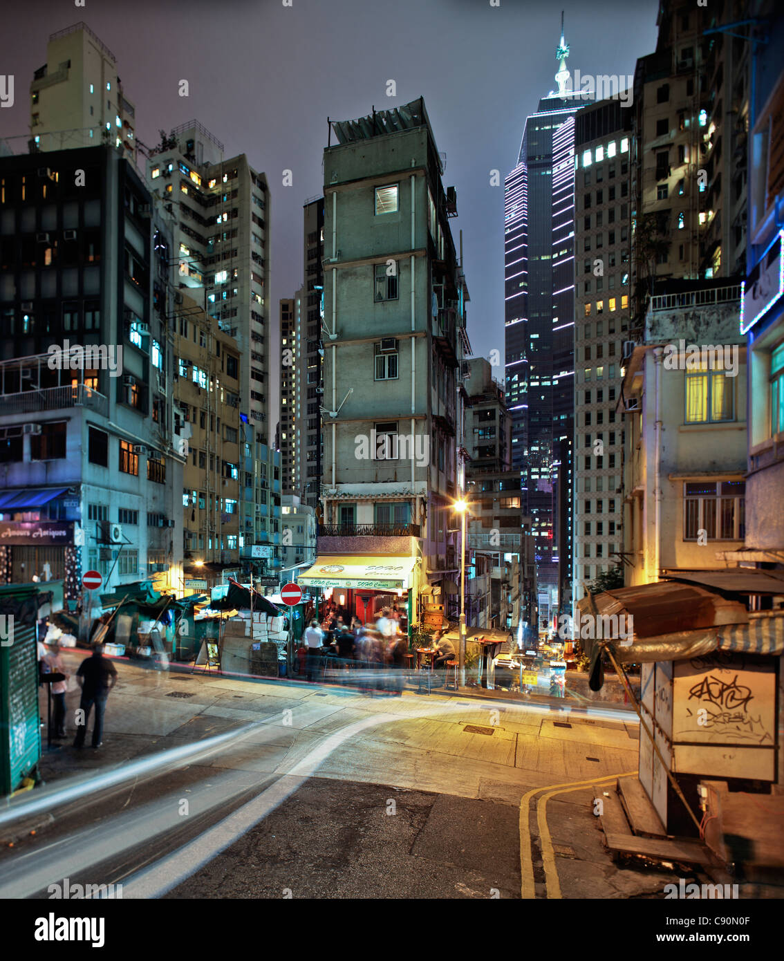 Soho Corner, Peel Street, Staunton Street at night, Hong Kong, China Stock Photo