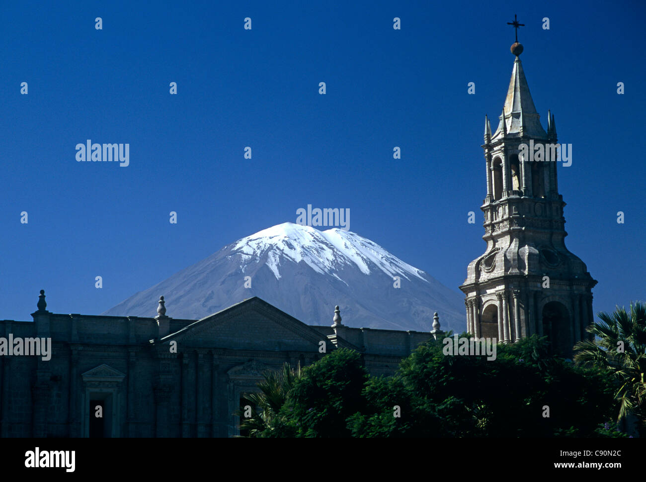 Arequipa lies in the Andes mountains at an altitude of 2 380 meters 7 800 feet above sea level. The snow-capped volcano El Stock Photo