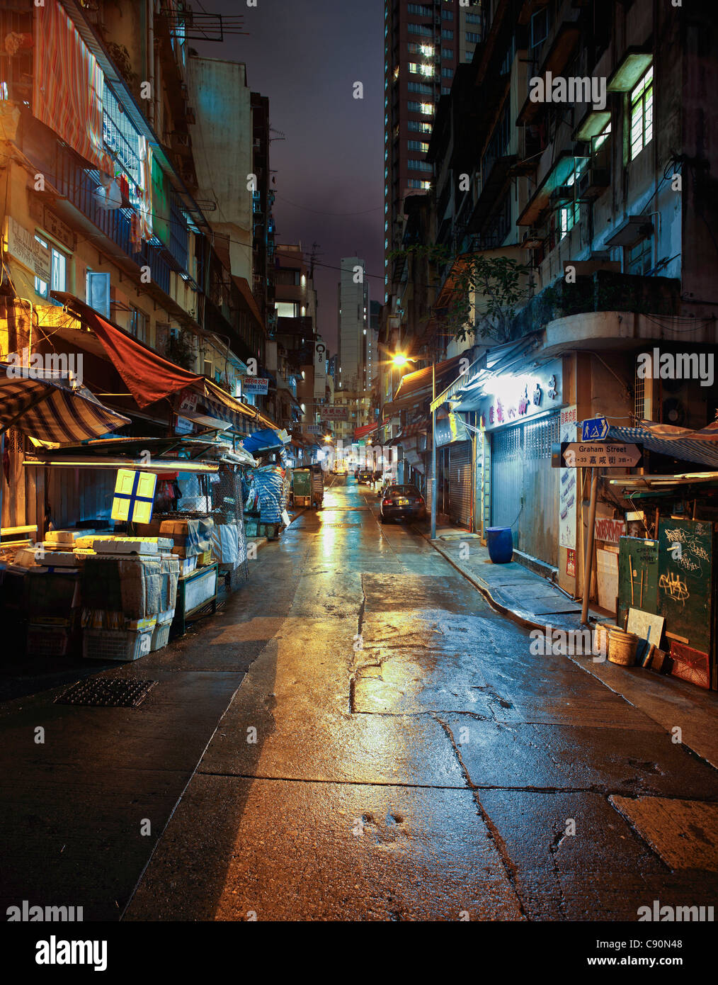 Fishmonger stall in the Soho District at night, Hong Kong, China Stock Photo
