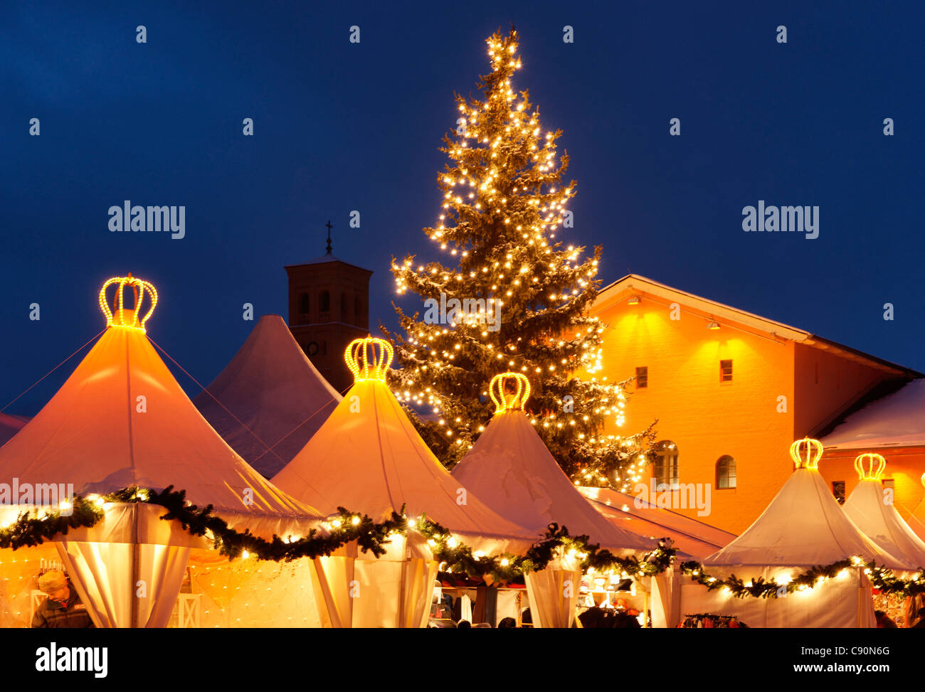 Christmas Fair with a Christmas tree in the evening, Crown Estate