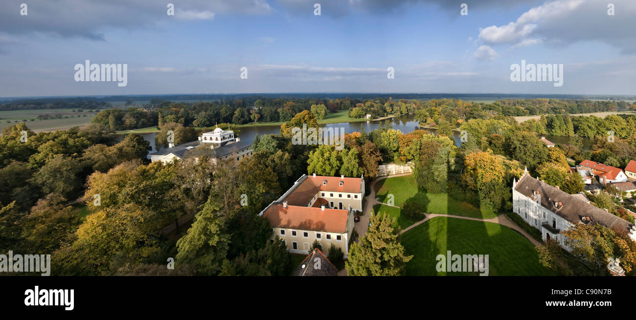 View from the Bible Tower, Castle Woerlitz, Kitchen Building, Woerlitz Lake, Woerlitz, Dessau, Saxony-Anhalt, Germany Stock Photo