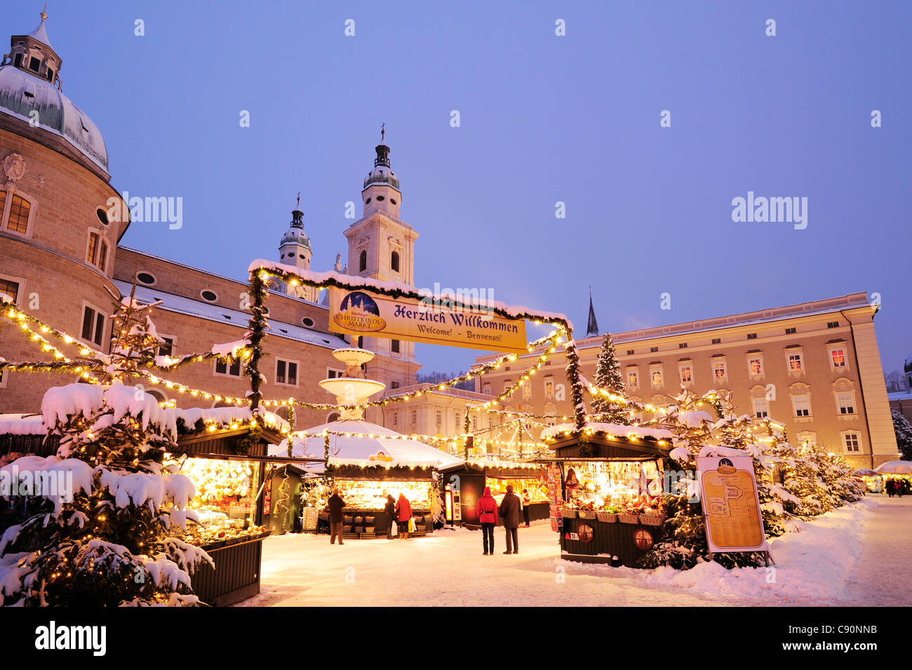 Christmas market at night with cathedral of Salzburg Christmas market Salzburg UNESCO World