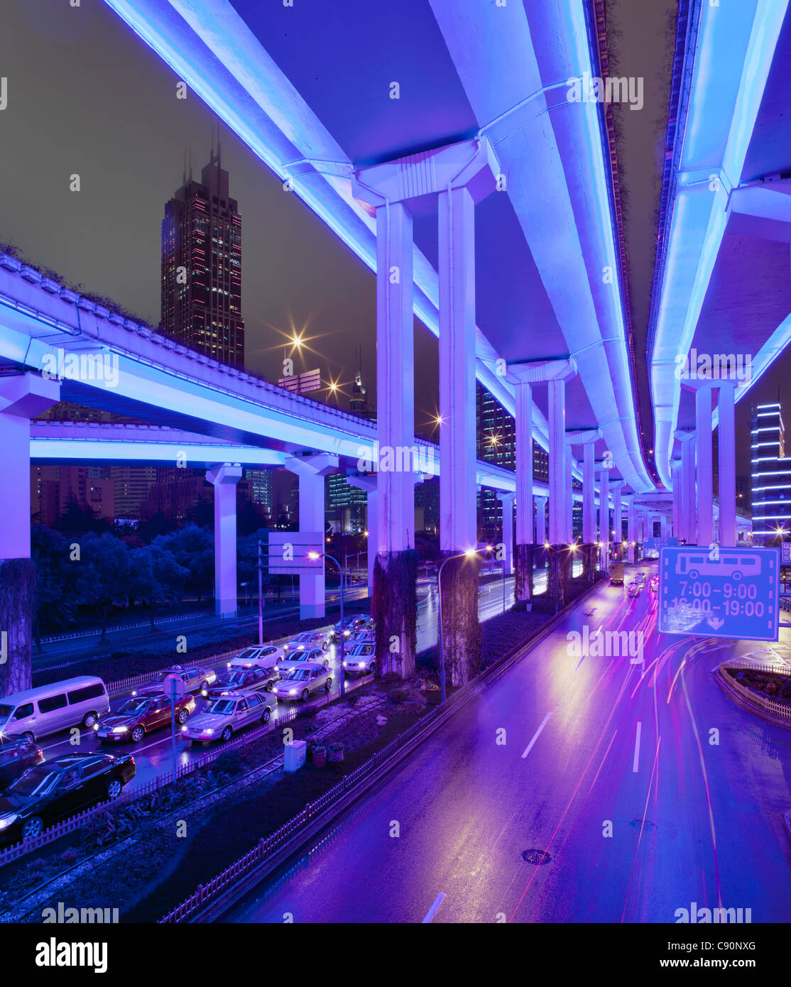 Luban Road Motorway Interchange at night, Luwan, Shanghai, China Stock Photo