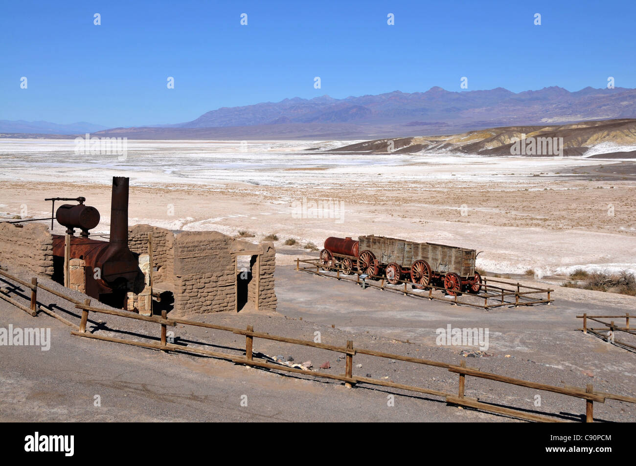 View of buildings and old stagecoaches, Death Valley National Park, California, USA, America Stock Photo