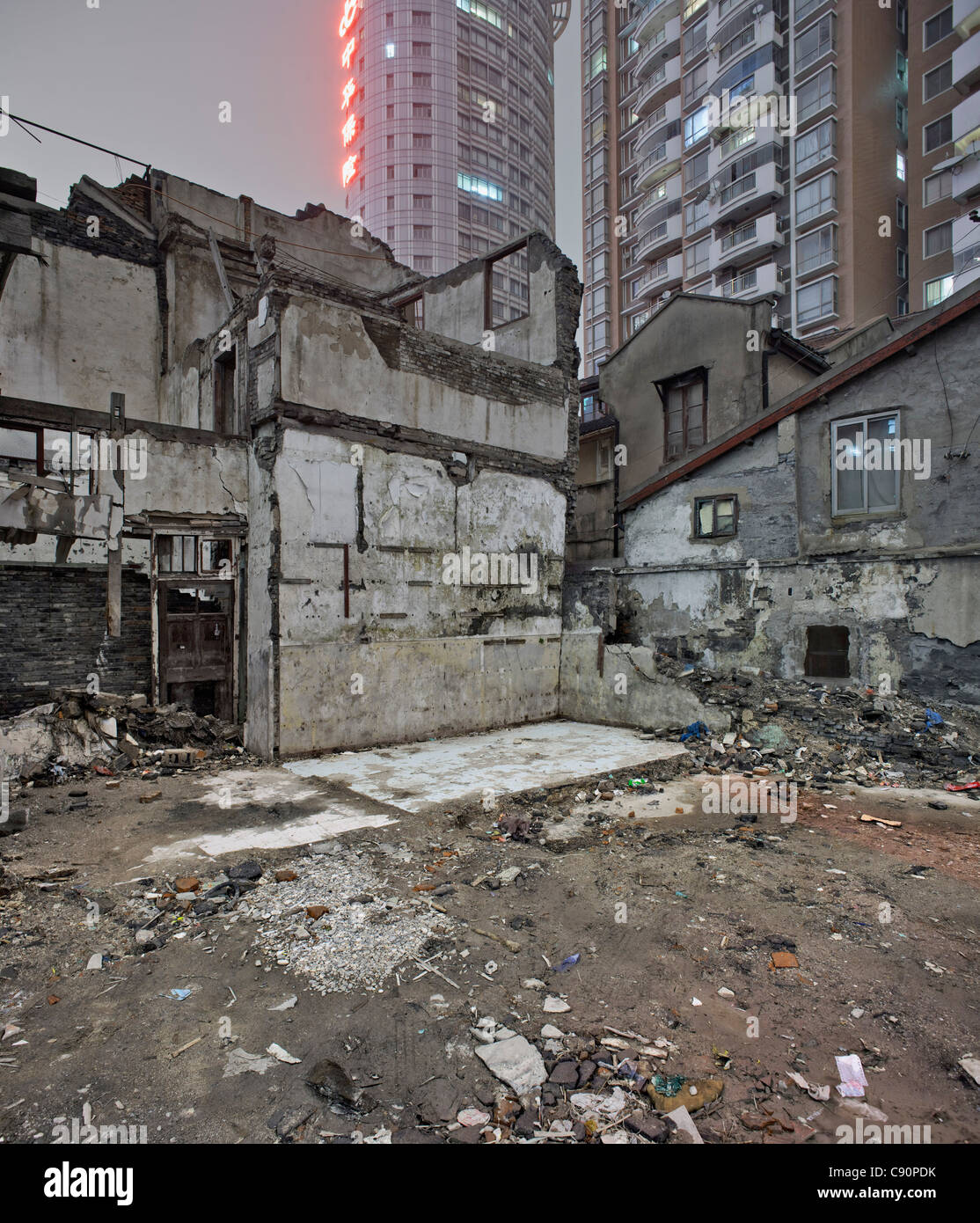 Demolition area, residential area of Shanghai centre at night, Huangpu, Shanghai, China Stock Photo