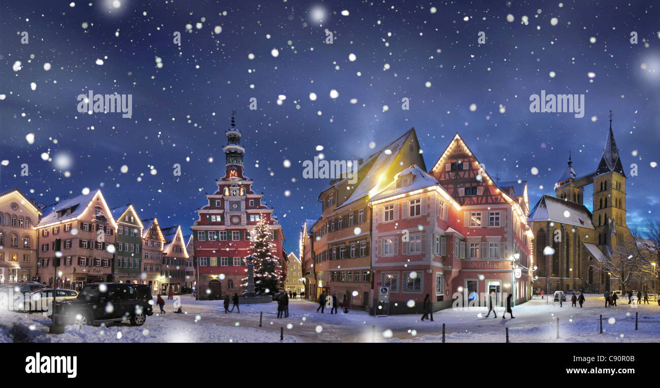 Panorama, snowfall at night, Esslingen am Neckar, Baden Wuerttemberg, Germany Stock Photo