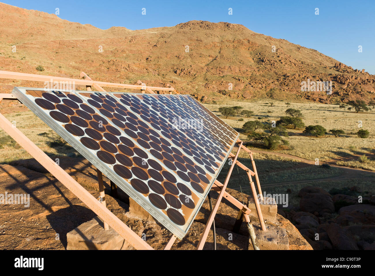 Solar panel on the campsite of Koiimasis farm Tiras Mountains Namibia Stock Photo